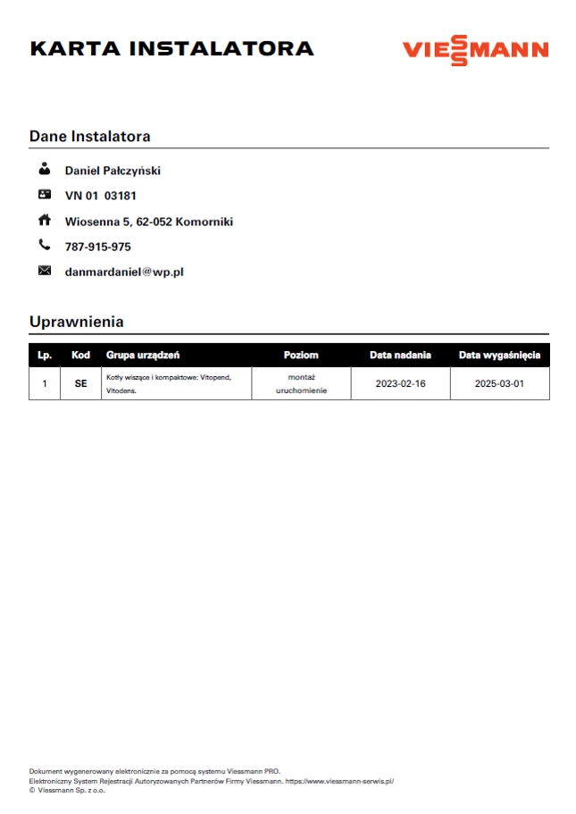 Karta Instalatora  Viessmann