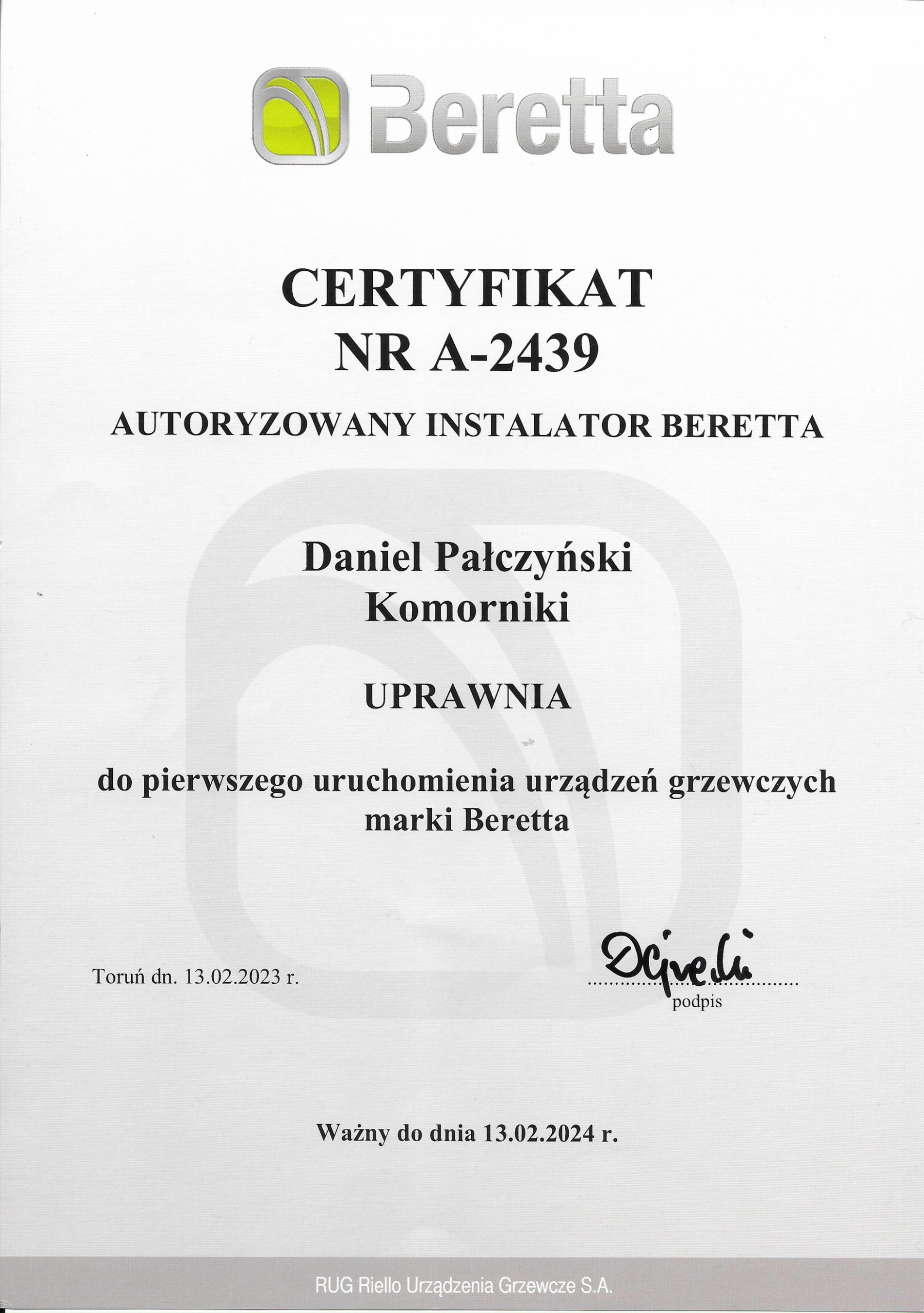 Certyfikat Beretta