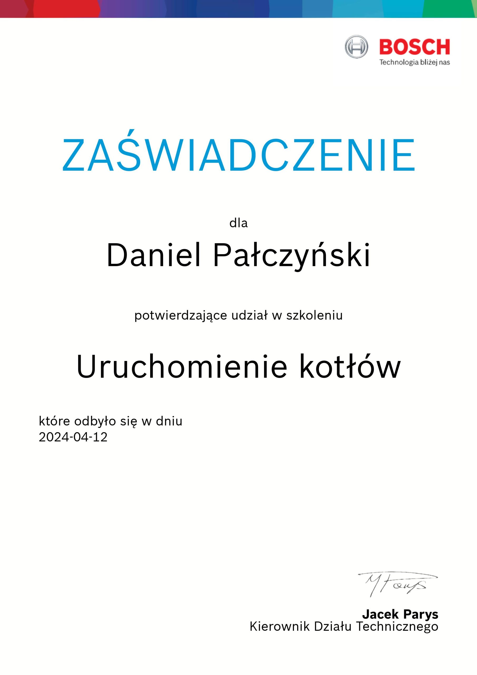 Zaświadczenie Uruchomienie Kotłów Bosch