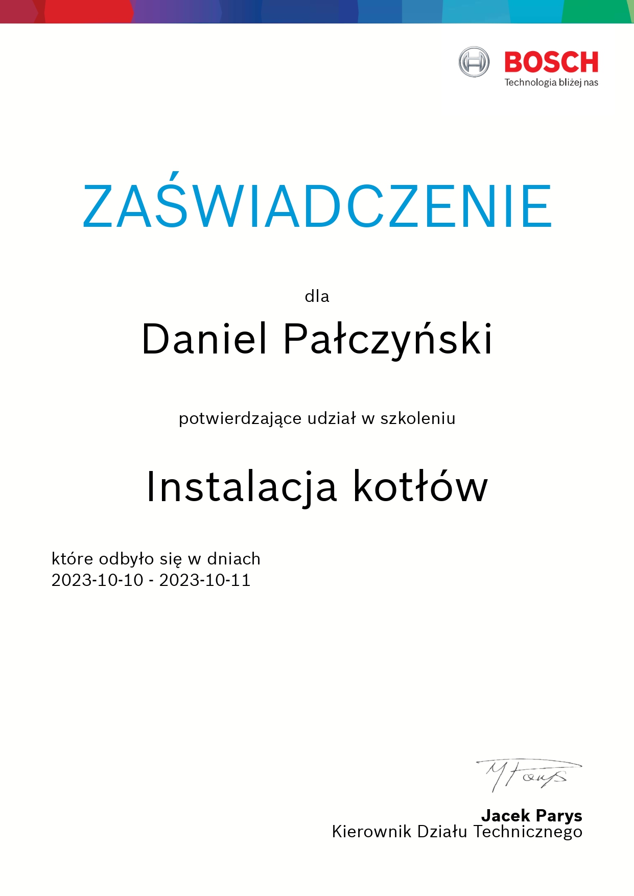 Zaświadczenie Instalacja Kotłów Bosch