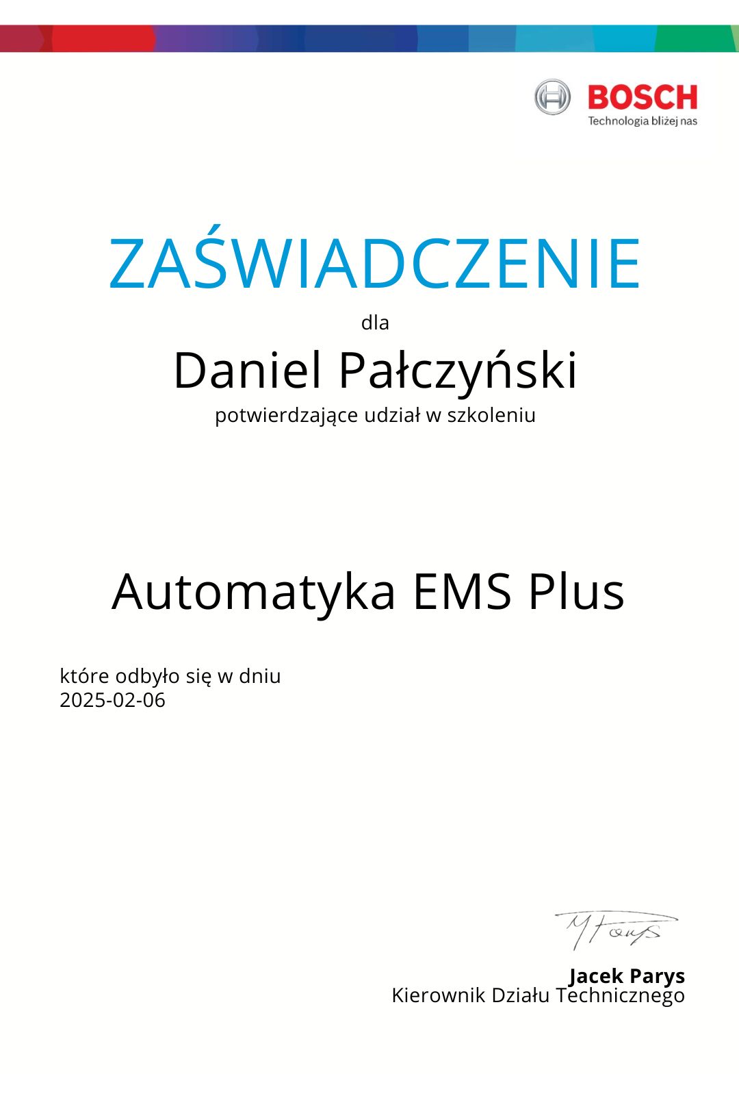 Zaświadczenie Automatyka Bosch